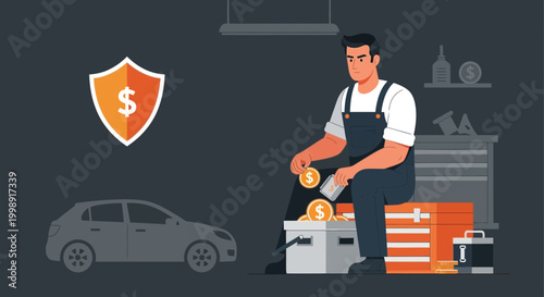 Mechanic Saving Money for Car Repair with Shield Icon and Tools