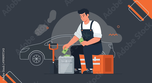 Mechanic putting money into a toolbox next to a car, auto repair cost concept