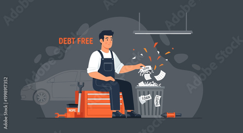 Mechanic throwing loan papers into trash, celebrating debt free life after car repair