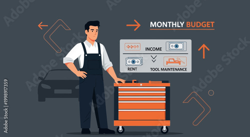 Mechanic with Toolbox and Monthly Budget Concept