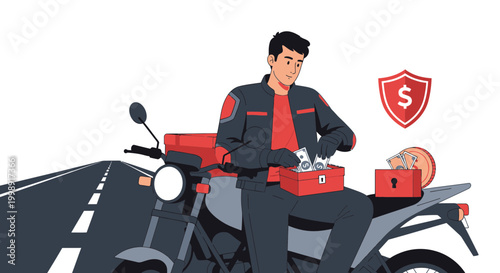 Motorcycle courier with money and security shield, delivery concept