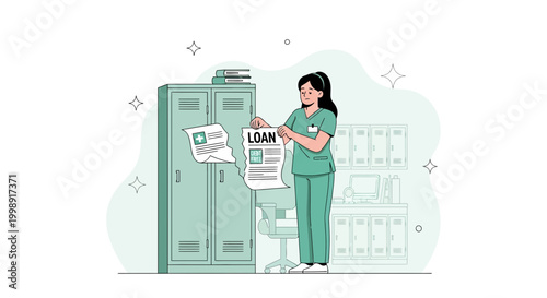 Nurse Holding Loan Document Near Locker, Healthcare Finance Concept