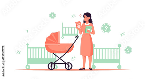 Mother Choosing Baby Cribs and Stroller, Considering Costs and Options