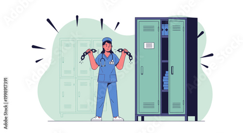 Nurse holding medical goggles, exhausted after a long shift, locker room setting