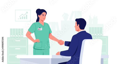 Nurse shaking hands with businessman in office, healthcare business meeting, success concept