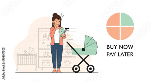 Stressed mother with baby stroller and credit card, buy now pay later concept