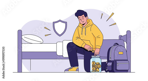 Student saving money in a jar on dorm bed, financial planning, education costs