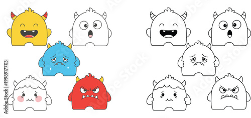 Cute Monster Emotions Coloring Page for Kids Featuring Happy Sad Angry Surprised and Shy Faces Set of Colored and Line Art Vector Illustrations for Teaching Feelings and Expressions