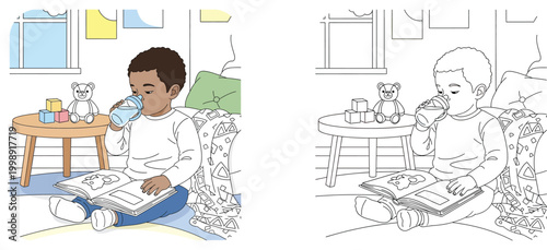 Little African American Boy Reading Book and Drinking from Sippy Cup in Bedroom Cartoon Illustration and Coloring Page Set for Kids Educational Activity and Bedtime Story Book