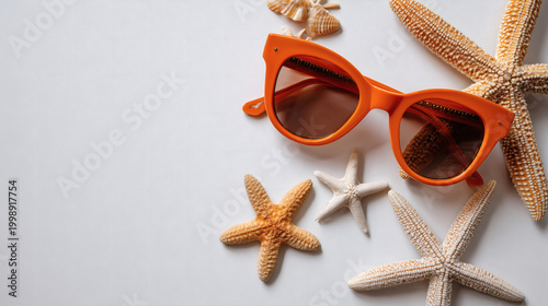 Sunglasses and Starfish on White Background, Vivid Summer Lifestyle Flat Lay