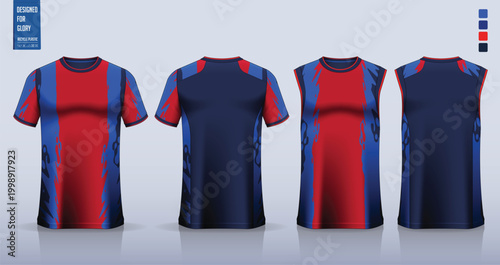 T-shirt mockup, sport shirt template design for soccer jersey, football kit. Tank tops for basketball jersey, running singlet. Fabric pattern for sport uniform in front and back view. 