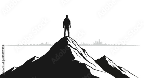 Man standing on mountain peak silhouette.