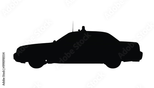 Police car silhouette stands in a profile view against a clean white background to represent law enforcement, public safety, emergency response, and municipal authority in a minimalist graphic design.