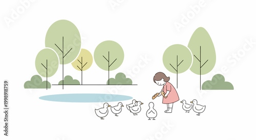 Little girl feeding white chickens outside.