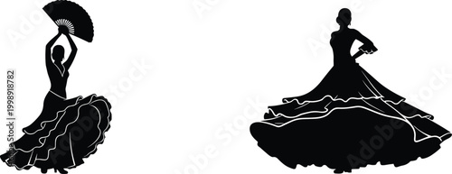 Foto Flamenco dancer silhouettes with fan elegant Spanish dance poses traditional cos