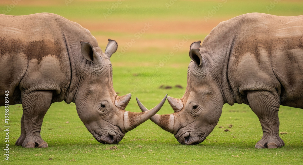 Obraz premium Two White Rhinoceroses Facing Each Other with Horns Touching