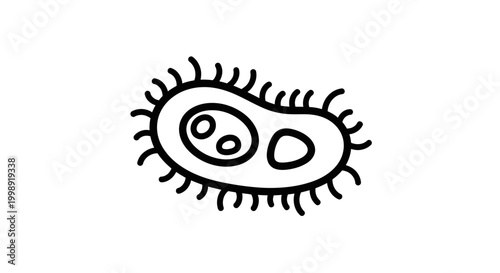 Hand-drawn illustration of a single bacterium with flagella, isolated on white background