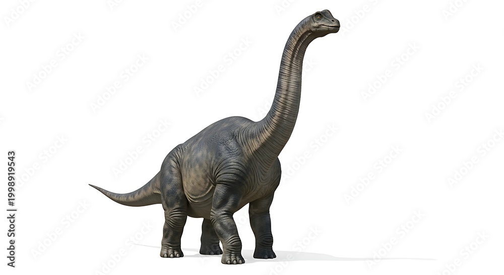 Fototapeta premium A detailed 3D rendering of a majestic long-necked sauropod dinosaur, possibly a Brachiosaurus or Apatosaurus, standing on a clean white background.
