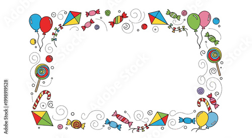 Colorful balloons and kites frame border.