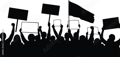 Protest silhouette crowd raising flags in demonstration
