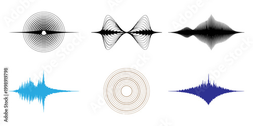 Vector illustration of stars and flowing striped wave shapes forming a circular sea-inspired design in blue tones suitable for logo or decorative pattern