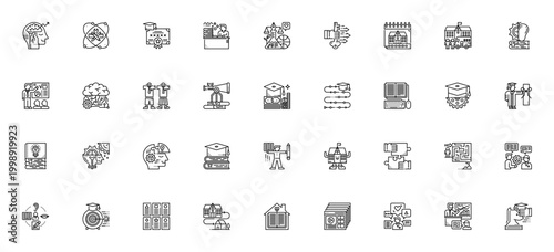 School icon set. Vector illustration pack featuring brainstorm, study, teaching, knowledge, online education, machine learning, collaboration, and more.