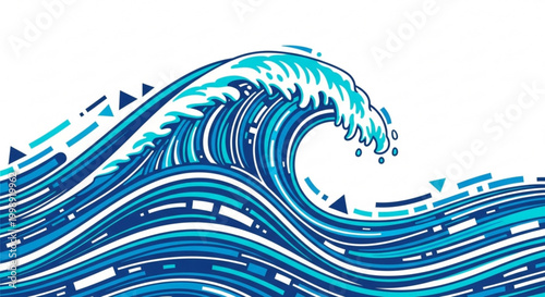 A stylized vector graphic illustration of a large blue wave with white highlights on a transparent background vector