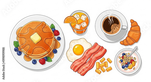 A colorful vector illustration of a delicious breakfast spread including pancakes bacon eggs and various beverages on a clean white background vector