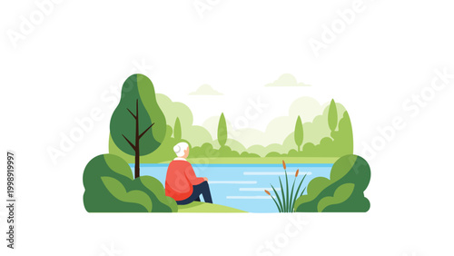 Fotografie Senior enjoying peaceful lakeside nature scene, calm reflection, retirement life