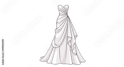 A beautiful illustration of a white wedding dress with a draped design on a plain background vector