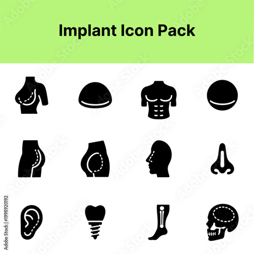 Implant Icon Pack Containing body implant prosthetic dental implant bone implant cosmetic surgery and medical implant icons Solid icon collection