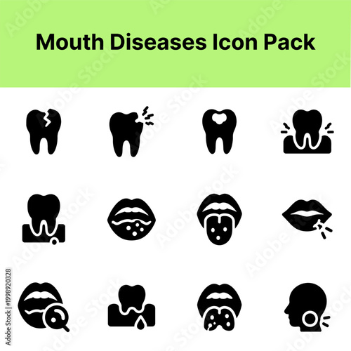 Mouth Diseases Icon Pack Containing tooth decay gum disease dental pain oral hygiene cavity lips and dental care icons Solid icon collection