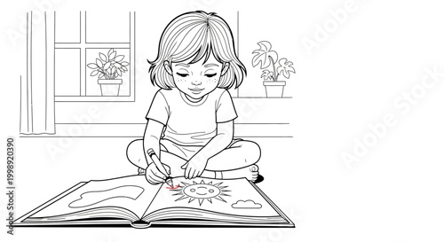 Little girl coloring on book.
