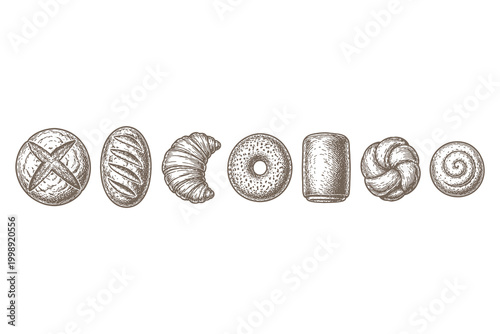 Horizontal row vector illustration of assorted bakery items including sourdough croissant bagel and bun in a vintage engraving style for border design