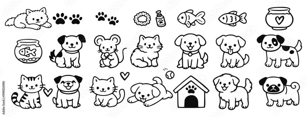 Fototapeta premium Big bundle of cute pet doodle illustrations including cats, dogs and accessories for stickers and design use