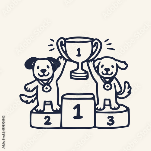 Cute cartoon dogs on winners podium with trophy, first second third place pets illustration