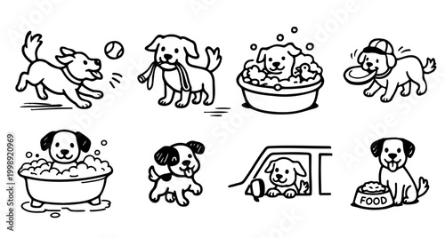 Playful dog lifestyle doodle scenes showing daily pet activities like bathing, feeding and playing