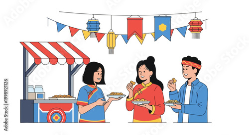 Diverse people enjoying street food at a vibrant festival stall with colorful decorations