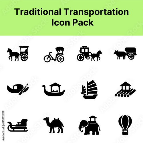 Traditional Transportation Icon Pack Containing horse carriage rickshaw wagon canoe raft camel elephant and traditional transport icons Solid icon collection