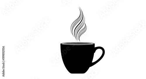 Steaming hot coffee cup with handle.
