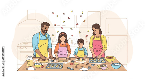 Family baking cookies together in the kitchen, having fun with flour and confetti