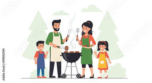 Family BBQ Party: Parents and Kids Grilling Food Outdoors in Summer