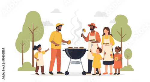 Family BBQ Party: Diverse group enjoying grilling burgers outdoors in summer park with trees