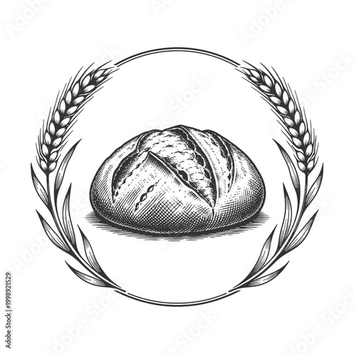 Vintage engraving style vector illustration of a sourdough loaf framed by wheat ears for artisan bakery logo or emblem design