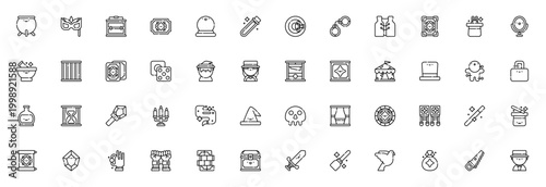 Magic icon set. Vector illustration pack with cauldron, mask, wand, spell book, crystal ball, potion, tarot, wizard hat and more mystical symbols.