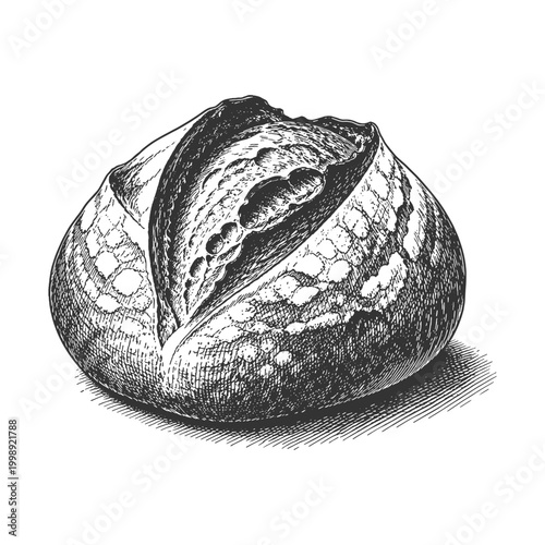 Single rustic sourdough bread loaf vector illustration with detailed crust texture in a classic vintage engraving art style for bakery branding