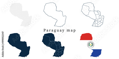 Paraguay Map Set - Vector Outline, Silhouette, Flag and Administrative Departments