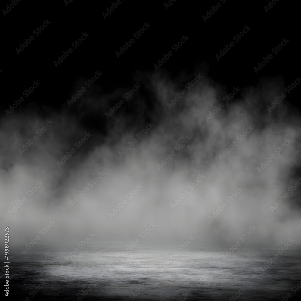 Fototapeta premium Smoke or fog on a reflective dark surface creating an atmospheric and mysterious background.