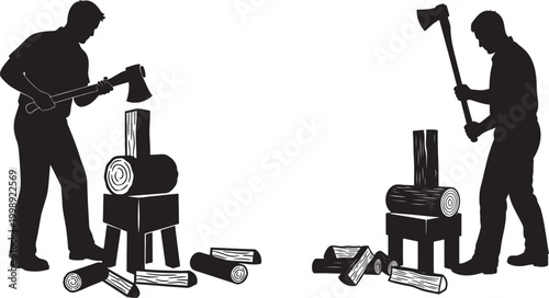 Silhouette Of Two Men Chopping Wood With Axes On Wooden Blocks