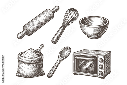 Vintage engraving style vector illustration of bakery tools and kitchen equipment including rolling pin whisk bowl and electric oven icons